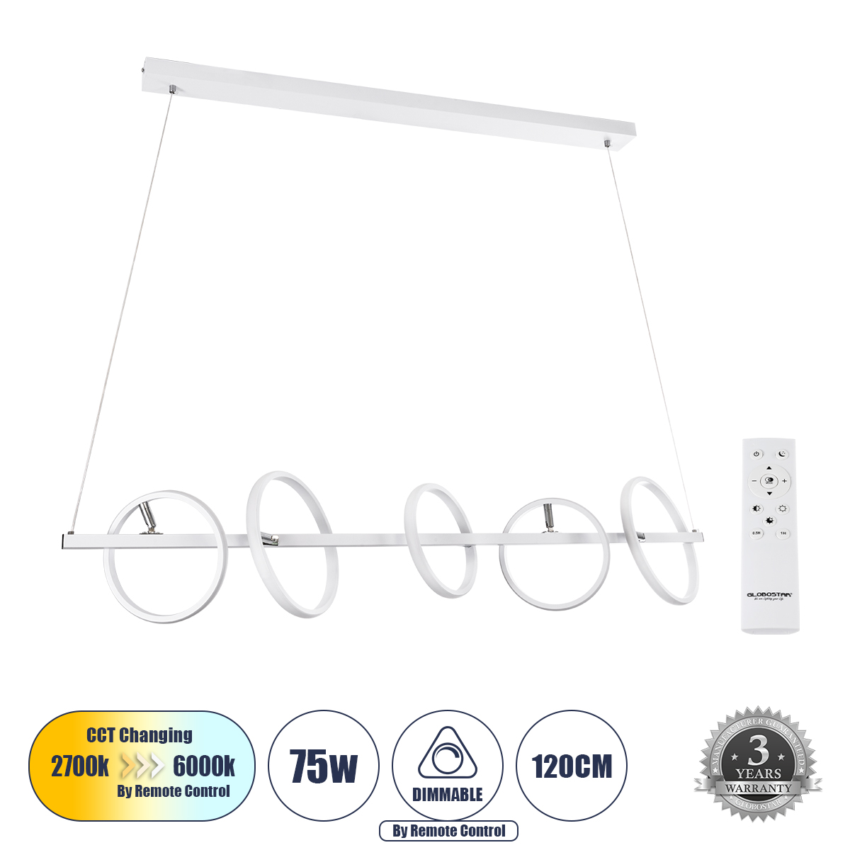 GLOBOSTAR® CIRCOLARE 61320 Μοντέρνο Κρεμαστό Φωτιστικό Οροφής LED 75W 8400lm 360° AC 220-240V IP20 Ρυθμιζόμενο Λευκό CCT με Χειριστήριο από 2700K έως 6000K Dimmable - Lumileds SMD Chip - Λευκό Ματ - Μ120 x Π25 x Υ25cm - 3 Χρόνια Εγγύηση - Image 2
