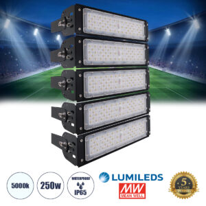 GLOBOSTAR® GOLIATH 90100-5 Προβολέας για Γήπεδα Tennis & Ποδοσφαίρου 5x5 LED 250W 37500lm 75°x135° SDCM<5 Fish Eye Lens AC 220-240V Αδιάβροχο IP65 IK08 Φυσικό Λευκό 5000K - Lumileds SMD Chip & Mean Well Driver - Μαύρο Ματ - Μ32 x Π12 x Υ45cm - 5 Χρόνια Εγγύηση