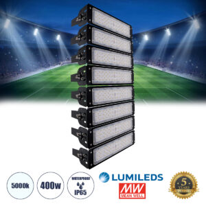 GLOBOSTAR® GOLIATH 90100-8 Προβολέας για Γήπεδα Tennis & Ποδοσφαίρου 5x5 LED 400W 60000lm 75°x135° SDCM<5 Fish Eye Lens AC 220-240V Αδιάβροχο IP65 IK08 Φυσικό Λευκό 5000K - Lumileds SMD Chip & Mean Well Driver - Μαύρο Ματ - Μ32 x Π12 x Υ72cm - 5 Χρόνια Εγγύηση