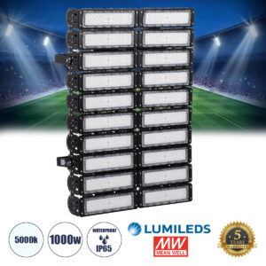 GLOBOSTAR® GOLIATH 90105 Προβολέας για Γήπεδα Tennis & Ποδοσφαίρου 5x5 LED 1000W 150000lm 75°x135° SDCM<5 Fish Eye Lens AC 220-240V Αδιάβροχο IP65 IK08 Φυσικό Λευκό 5000K - Lumileds SMD Chip & Mean Well Driver - Μαύρο Ματ - Μ62 x Π22 x Υ90cm - 5 Χρόνια Εγγύηση