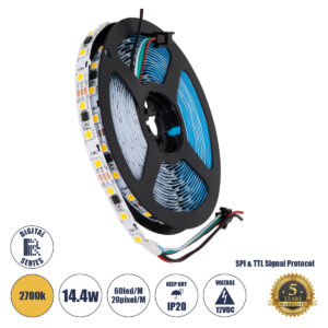 GLOBOSTAR® DIGIPRO 90588 Ψηφιακή Pixel Addressable Ταινία LED 14.4W/m 1296lm/m 120° DC 12V IP20 60 x SMD5050 Chip/m 20 x Pixel/m Θερμό Λευκό 2700K Dimmable SPI/TTL Protocol IC WS2811/UCS16703 - Sanan SMD Chip - Μ500 x Π1 x Υ0.2cm - Ρολό 5 Μέτρων - 5 Χρόνια Εγγύηση