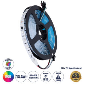 GLOBOSTAR® DIGIPRO 90596 Ψηφιακή Pixel Addressable Ταινία LED 14.4W/m 864lm/m 120° DC 24V IP20 60 x SMD5050 Chip/m 10 x Pixel/m Πολύχρωμο RGB Dimmable SPI/TTL Protocol IC WS2811/SM16703P - Sanan SMD Chip - Μ500 x Π1 x Υ0.2cm - Ρολό 5 Μέτρων - 5 Χρόνια Εγγύηση