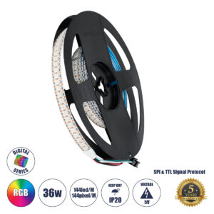 GLOBOSTAR® DIGIPRO 90597 Ψηφιακή Pixel Addressable Ταινία LED 36W/m 2160lm/m 120° DC 5V IP20 144 x SMD5050 Chip/m 144 x Pixel/m Πολύχρωμο RGB Dimmable SPI/TTL Protocol IC WS2812/SK6812 - Sanan SMD Chip - Μ200 x Π1.2 x Υ0.2cm - Ρολό 2 Μέτρων - 5 Χρόνια Εγγύηση
