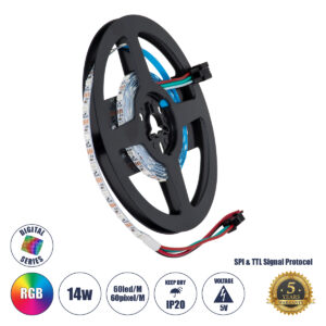 GLOBOSTAR® DIGIPRO 90605 Ψηφιακή Pixel Addressable Ταινία LED 14.4W/m 864lm/m 120° DC 5V IP20 60 x SMD3535 Chip/m 60 x Pixel/m Πολύχρωμο RGB Dimmable SPI/TTL Protocol IC WS2812/SK6812 - Sanan SMD Chip - Μ200 x Π0.4 x Υ0.1cm - Ρολό 2 Μέτρων - 5 Χρόνια Εγγύηση