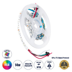GLOBOSTAR® DIGIPRO 90606 Ψηφιακή Pixel Addressable Ταινία LED 14.4W/m 864lm/m 120° DC 5V IP20 60 x SMD5050 Chip/m 20 x Pixel/m Πολύχρωμο RGB Dimmable SPI/TTL Protocol IC WS2812/SK6812 - Sanan SMD Chip - Μ200 x Π0.6 x Υ0.2cm - Ρολό 2 Μέτρων - 5 Χρόνια Εγγύηση