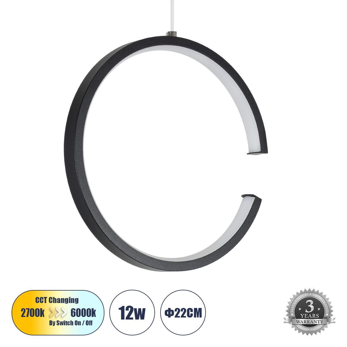 GLOBOSTAR® CEROBA 61306 Μοντέρνο Κρεμαστό Φωτιστικό Οροφής LED 12W 1320lm 360° AC 220-240V IP20 Ρυθμιζόμενο Λευκό CCT με On/Off 2700K/4500K/6000K - Lumileds SMD Chip - Μαύρο Ματ - Μ22 x Π2 x Υ22cm - 3 Χρόνια Εγγύηση - Image 2