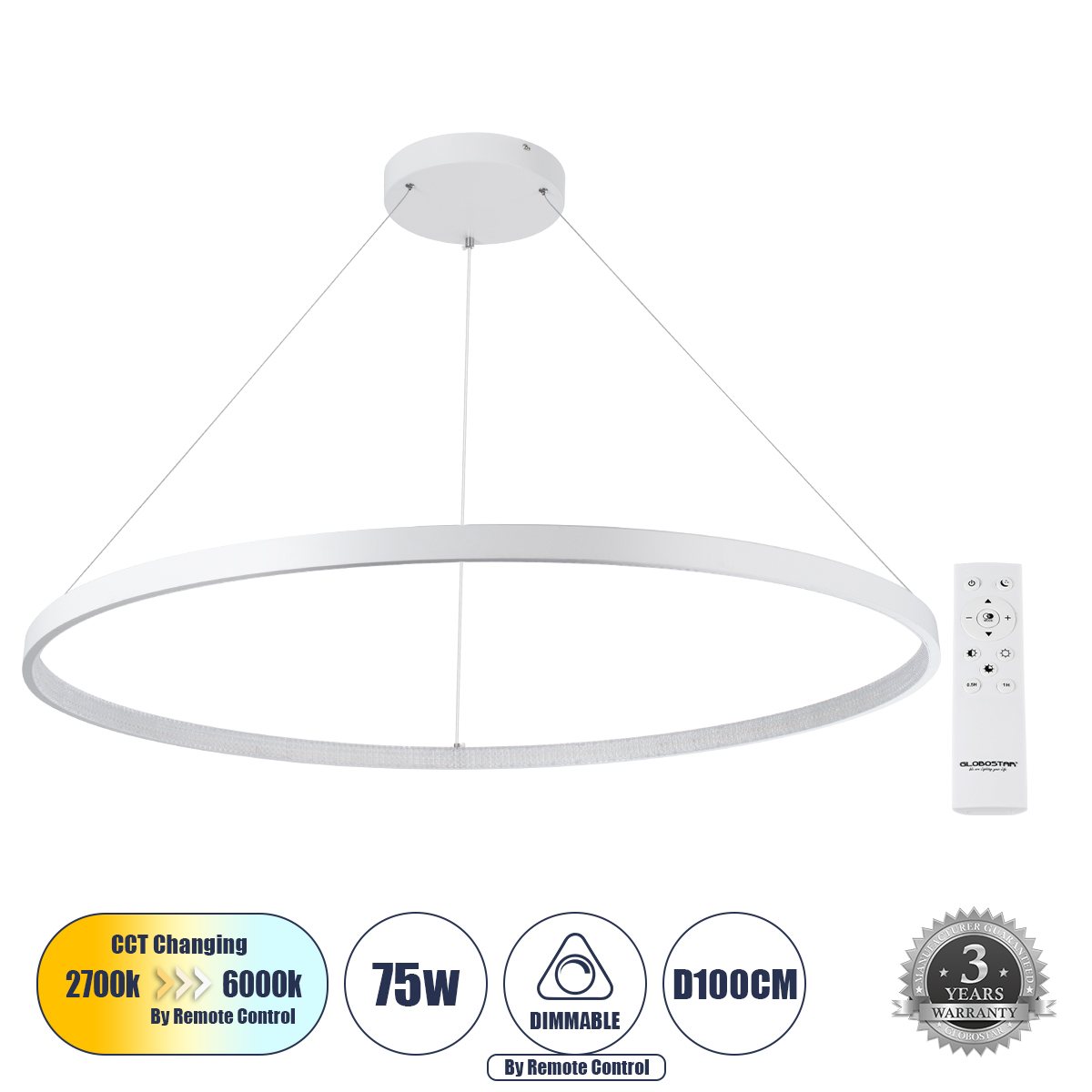 GLOBOSTAR® DIAMOND 61518 Μοντέρνο Κρεμαστό Φωτιστικό Οροφής LED 75W 8400lm 360° AC 220-240V IP20 Ρυθμιζόμενο Λευκό CCT με Χειριστήριο από 2700K έως 6000K Dimmable - Lumileds SMD Chip - Λευκό Ματ - Μ100 x Π100 x Υ90cm - 3 Χρόνια Εγγύηση - Image 2