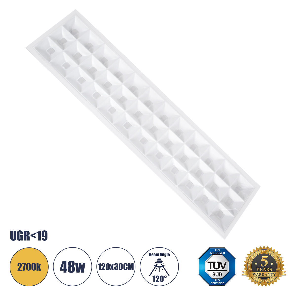 GLOBOSTAR® ZEUS 60973 Χωνευτό Panel Οροφής 120x30 με Anti Glare Reflector LED 48W 6960lm 120° CRI≥85Ra UGR<19 AC 220-240V IP20 Θερμό Λευκό 2700K - Lumileds SMD Chip & TÜV SÜD Driver - Λευκό Γαλακτερό - Μ120 x Π30 x Υ3.3cm / Q116 x 26cm - 5 Χρόνια Εγγύηση - Image 2