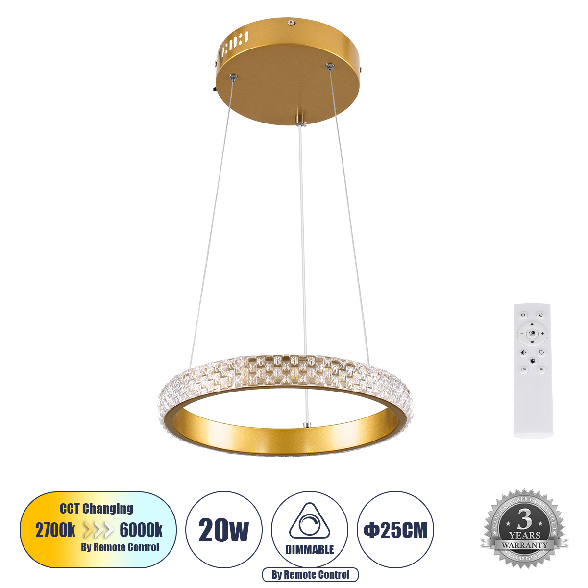GLOBOSTAR® DIAMOND 61127 Μοντέρνο Κρεμαστό Φωτιστικό Οροφής LED 20W 2356lm 360° AC 220-240V IP20 Ρυθμιζόμενο Λευκό CCT με Χειριστήριο από 2700K έως 6000K Dimmable - Lumileds SMD Chip - Χρυσό Βούρτσας - Μ25 x Π25 x Υ3cm - 3 Χρόνια Εγγύηση - Image 2