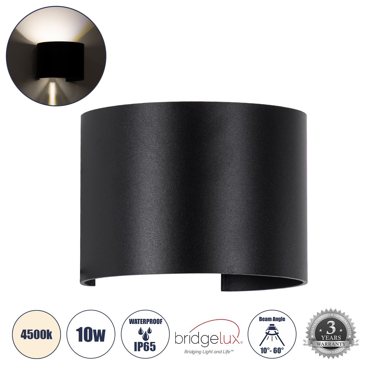 GLOBOSTAR® AXIS-R 60640 Μοντέρνο Φωτιστικό Τοίχου - Απλίκα LED 10W 1200lm 5°/60° AC 220-240V Αδιάβροχο IP65 Φυσικό Λευκό 4500K - Bridgelux COB Chip & TÜV SÜD Driver - Μαύρο Ματ - Μ10 x Π10 x Υ10cm - 5 Χρόνια Εγγύηση - Image 2