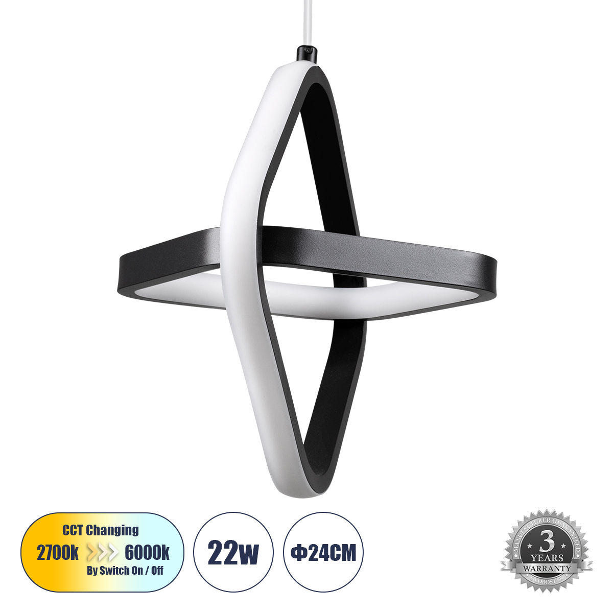 GLOBOSTAR® ROSE 61064 Μοντέρνο Κρεμαστό Φωτιστικό Οροφής LED 22W 2640lm 300° AC 220-240V IP20 Ρυθμιζόμενο Λευκό CCT με On/Off 2700K/4500K/6000K - Lumileds SMD Chip - Μαύρο Ματ - Μ24 x Π22 x Υ24cm - 3 Χρόνια Εγγύηση - Image 2