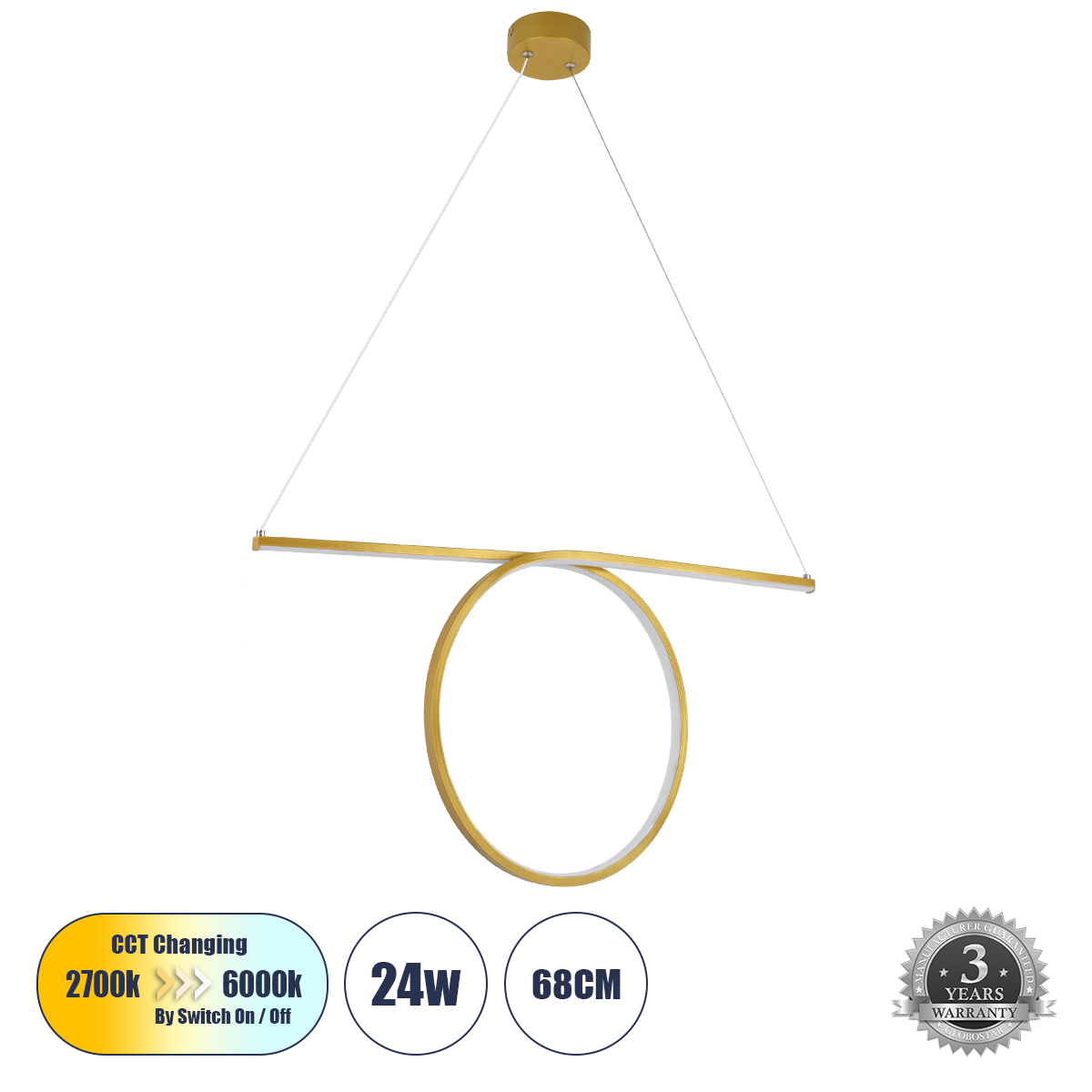 GLOBOSTAR® ROME 61297 Μοντέρνο Κρεμαστό Φωτιστικό Οροφής LED 24W 2640lm 200° AC 220-240V IP20 Ρυθμιζόμενο Λευκό CCT με On/Off 2700K/4500K/6000K - Lumileds SMD Chip - Χρυσό Βούρτσας - Μ65.5 x Π4 x Υ33cm - 3 Χρόνια Εγγύηση - Image 2