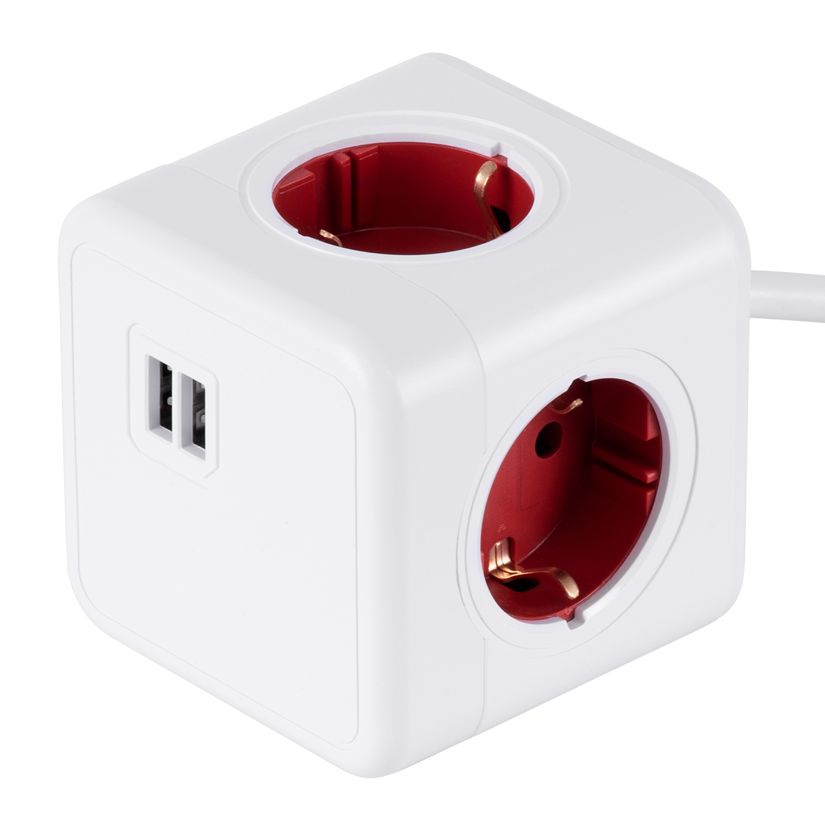 GloboStar® TRAVEL PowerCube PRO Certified 79642 Πολύπριζο 6 Θέσεων με 1.5m Kαλώδιο - 4 Πρίζες Ασφαλείας Childproof EU Schuko AC 220-240V & 2 Πρίζες USB Max 2.1A/DC 5V Μ7.5 x Π7.5 x Υ7.5 - Λευκό με Κόκκινο - Max Load 3680W/16A - Image 2