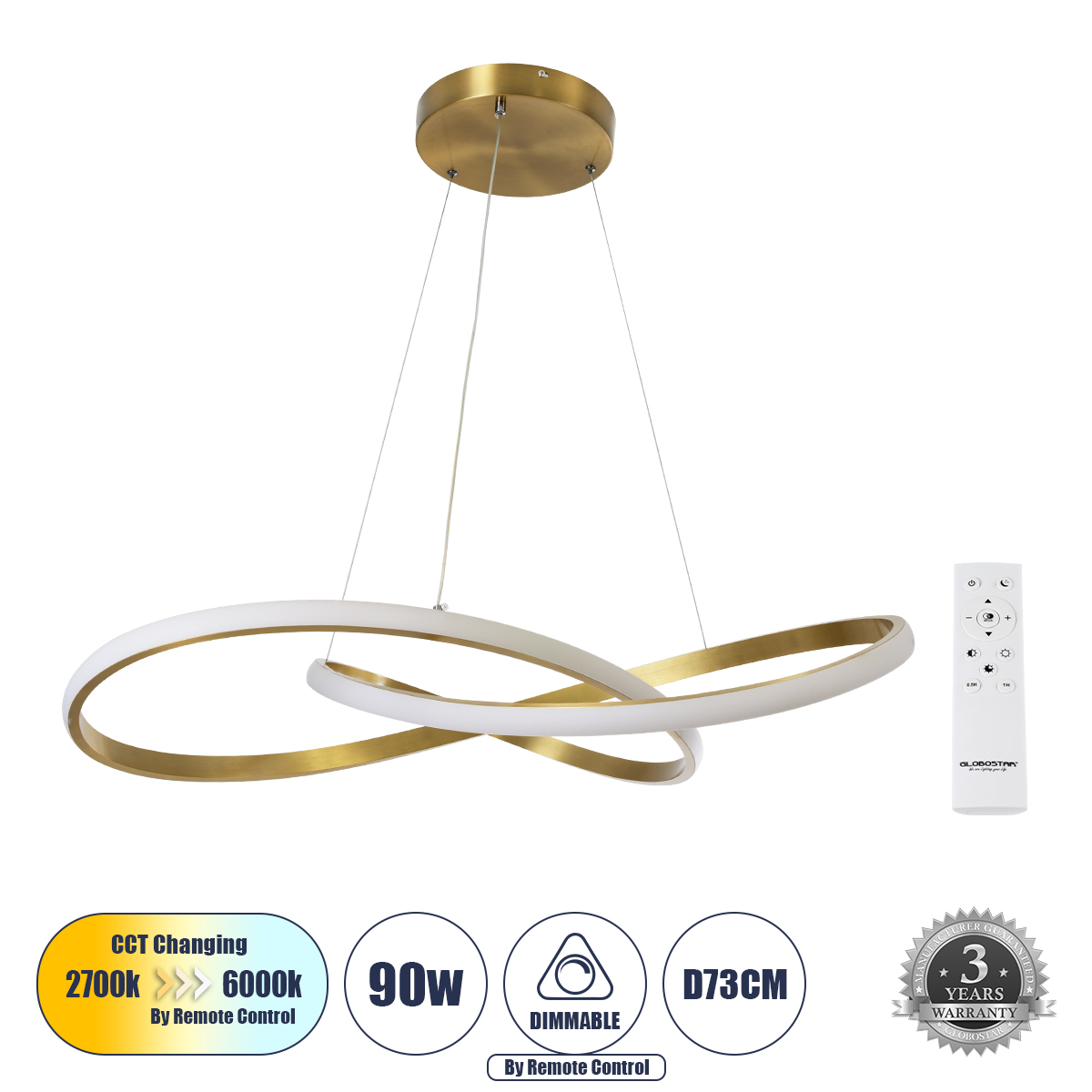 GLOBOSTAR® DEXTER 60916 Μοντέρνο Κρεμαστό Φωτιστικό Οροφής LED 90W 10080lm 300° AC 220-240V IP20 Ρυθμιζόμενο Λευκό CCT με Χειριστήριο από 2700K έως 6000K Dimmable - Lumileds SMD Chip - Σατινέ Χρυσό Βούρτσας - Μ73 x Π73 x Υ16cm - 3 Χρόνια Εγγύηση - Image 2