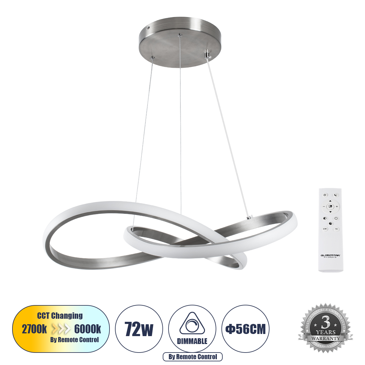 GLOBOSTAR® DEXTER 60498 Μοντέρνο Κρεμαστό Φωτιστικό Οροφής LED 72W 8064lm 300° AC 220-240V IP20 Ρυθμιζόμενο Λευκό CCT με Χειριστήριο από 2700K έως 6000K Dimmable - Lumileds SMD Chip - Νίκελ Βούρτσας - Μ56 x Π56 x Υ14cm - 3 Χρόνια Εγγύηση - Image 2