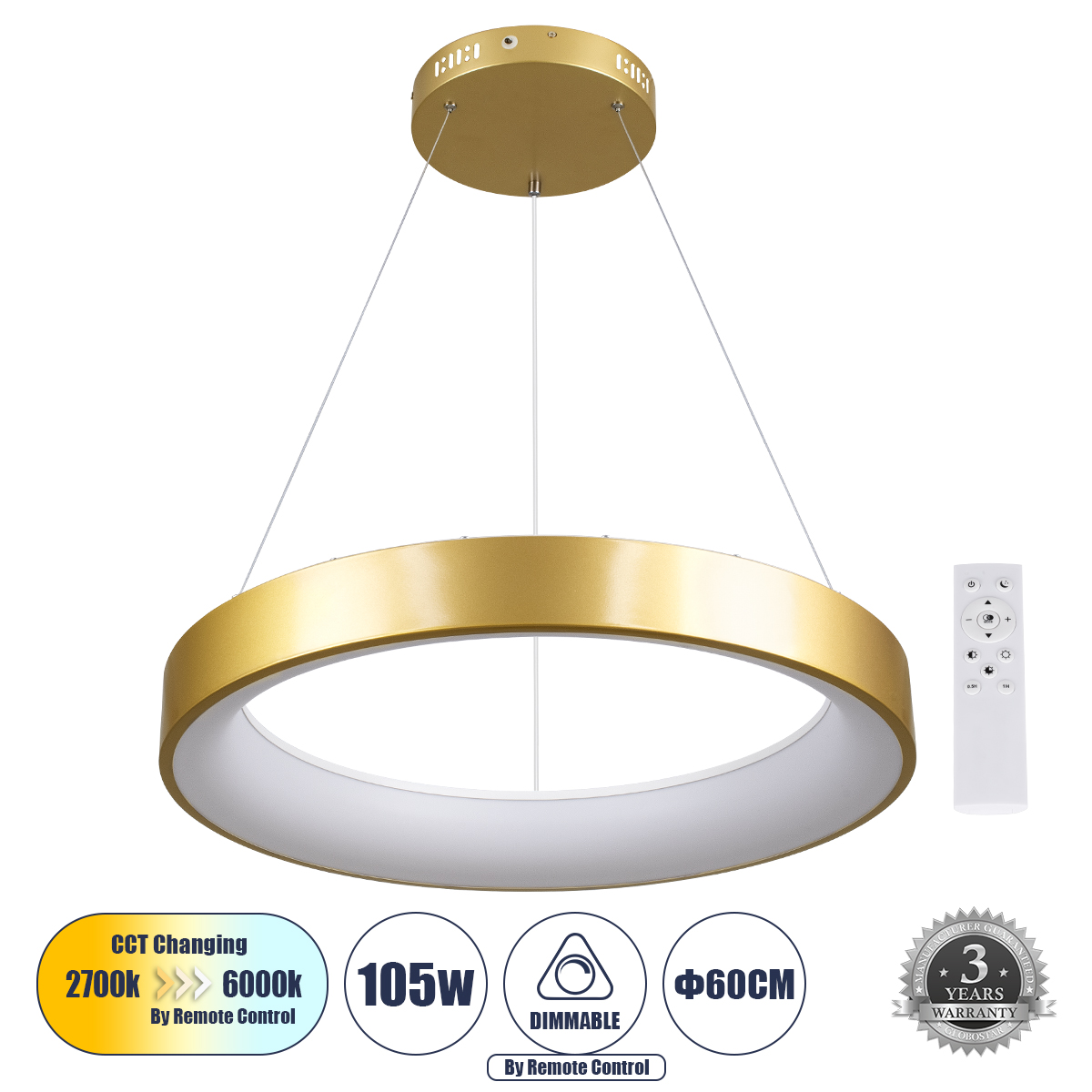 GLOBOSTAR® SALEM 61247 Μοντέρνο Κρεμαστό Φωτιστικό Οροφής LED 105W 12075lm 120° AC 220-240V IP20 Ρυθμιζόμενο Λευκό CCT με Χειριστήριο από 2700K έως 6000K Dimmable - Lumileds SMD Chip - Χρυσό - Μ60 x Π60 x Υ6cm - 3 Χρόνια Εγγύηση - Image 2