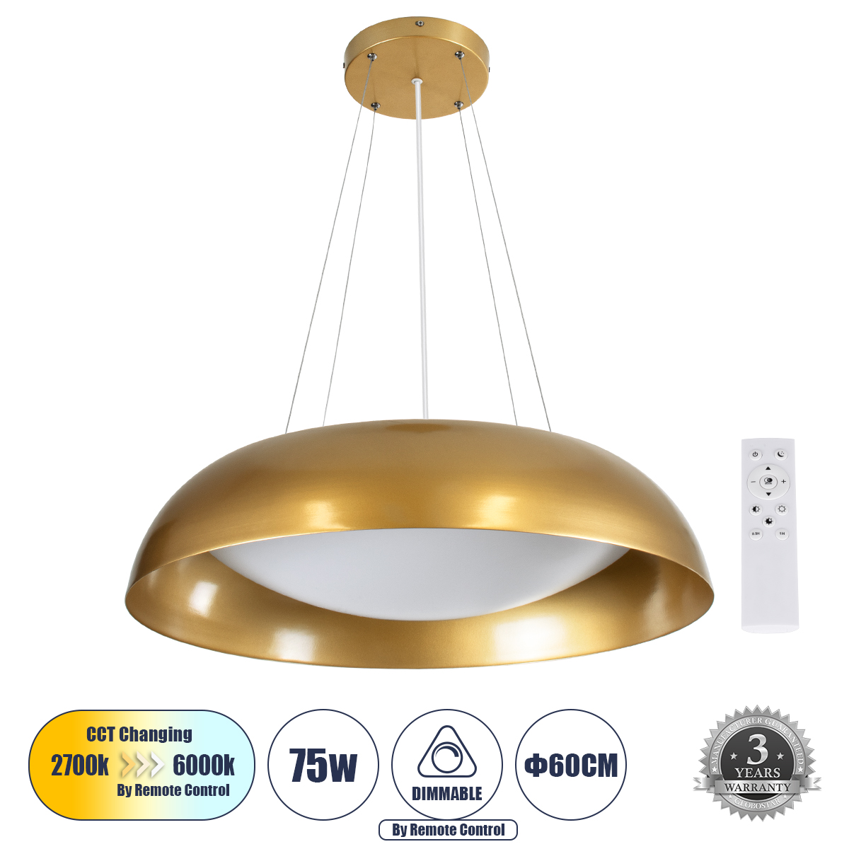 GLOBOSTAR® ANATOLIA 61270 Μοντέρνο Κρεμαστό Φωτιστικό Οροφής LED 75W 8625lm 120° AC 220-240V IP20 Ρυθμιζόμενο Λευκό CCT με Χειριστήριο από 2700K έως 6000K Dimmable - Lumileds SMD Chip - Χρυσό - Μ60 x Π60 x Υ12.5cm - 3 Χρόνια Εγγύηση - Image 2