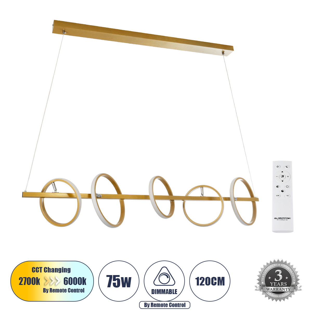 GLOBOSTAR® CIRCOLARE 61322 Μοντέρνο Κρεμαστό Φωτιστικό Οροφής LED 75W 8400lm 360° AC 220-240V IP20 Ρυθμιζόμενο Λευκό CCT με Χειριστήριο από 2700K έως 6000K Dimmable - Lumileds SMD Chip - Χρυσό - Μ120 x Π25 x Υ25cm - 3 Χρόνια Εγγύηση - Image 2