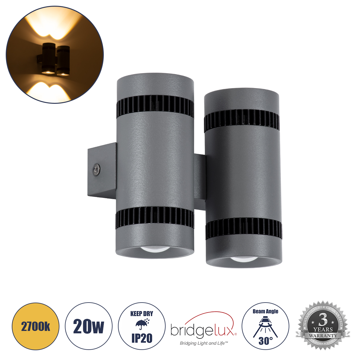 GLOBOSTAR® CANNONAL 60579 Μοντέρνο Φωτιστικό Τοίχου - Απλίκα LED 20W 2300lm 30° AC 220-240V IP20 Θερμό Λευκό 2700K - Bridgelux COB Chip & TÜV SÜD Driver - Μαύρο Ματ & Γκρι Ανθρακί Ματ - Μ12 x Π6.5 x Υ11cm - 3 Χρόνια Εγγύηση - Image 2