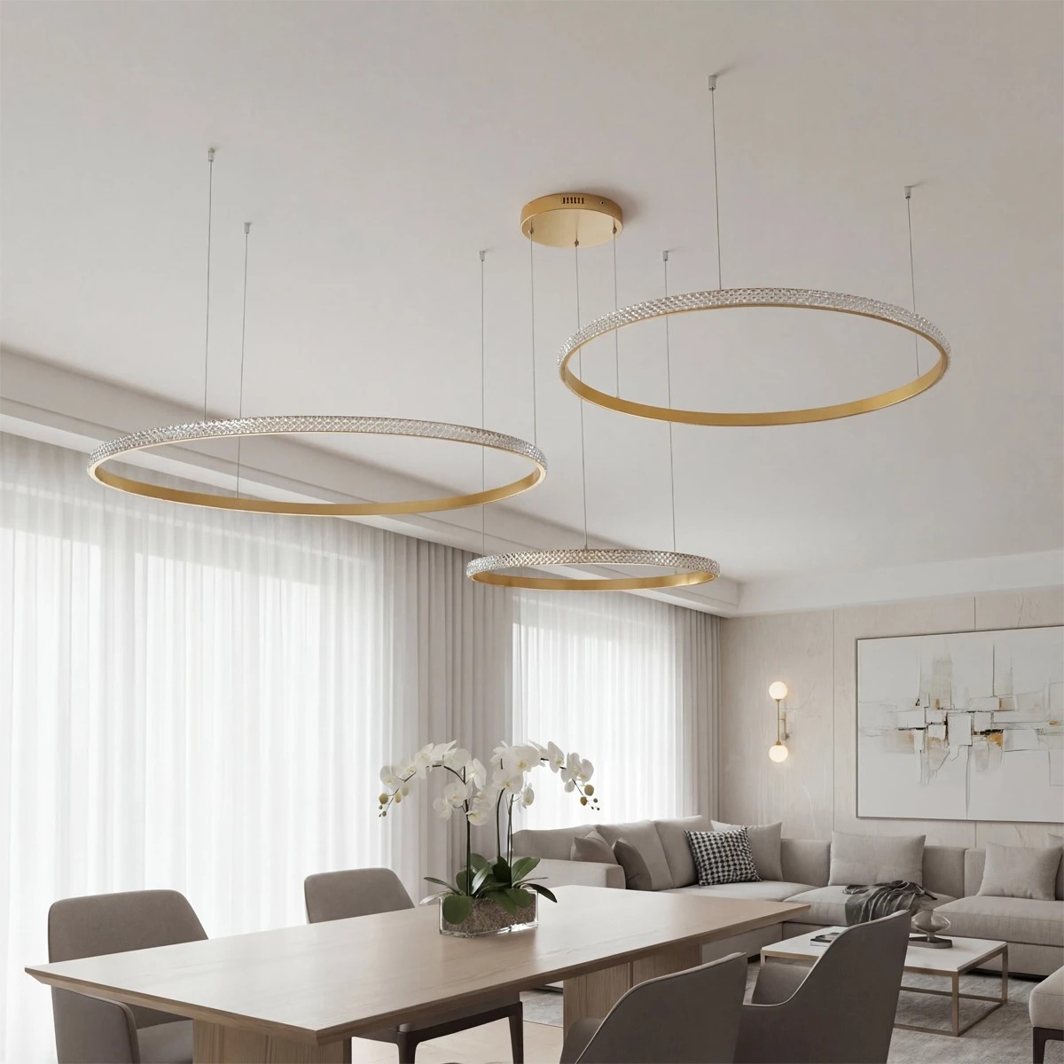 kelvo® DIAMOND KLV-101-0246 Κρεμαστό Φωτιστικό Οροφής LED 150W 15000lm 180° AC 220-240V IP20 Ρυθμιζόμενο Λευκό CCT με Χειριστήριο από 2700K έως 6000K Dimmable - Lumileds SMD Chip - Χρυσό Πλατίνα - Μ170 x Π170 x Υ60cm - 3 Χρόνια Εγγύηση - Image 2
