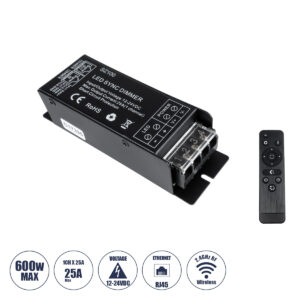 GLOBOSTAR® DIMMERIO 73311 Σετ Dimmer με RF Ασύρματο Χειριστήριο με 1 x 25A 600W Κανάλι DC 12-24V 25A 600W Max IP20 - RF2.4Ghz SYNC - Μ12.7 x Π4 x Υ3.2cm - 2 Χρόνια Εγγύηση