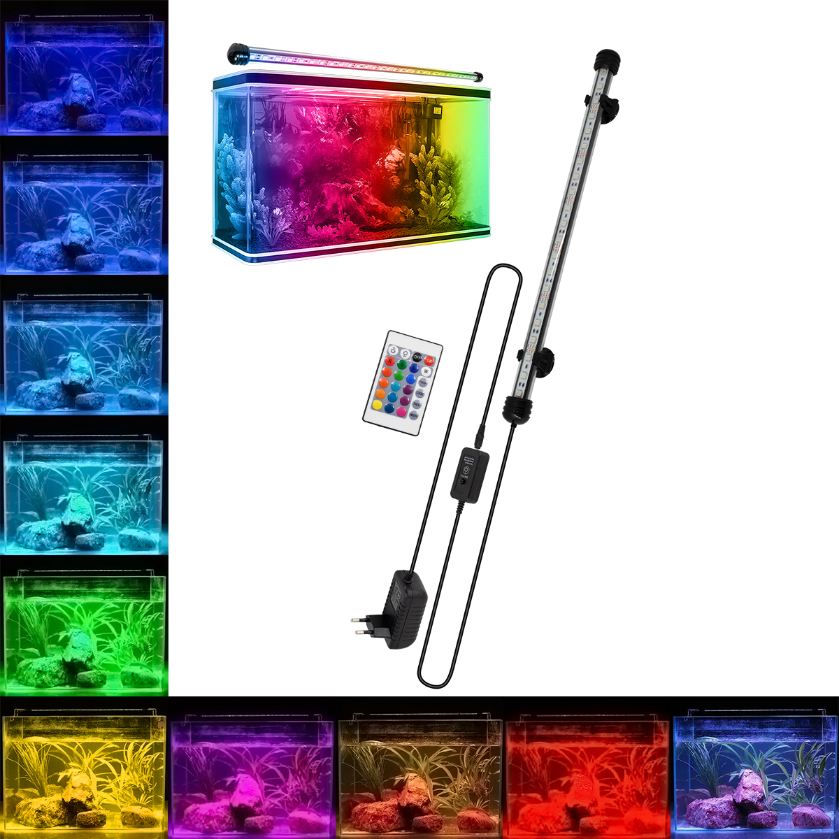 GLOBOSTAR® AQUARIUS 79672 Φωτιστικό Ενυδρείου με IR Ασύρματο Χειριστήριο LED 4W 200lm 180° AC 220-240V Αδιάβροχο IP68 Πολύχρωμο RGB Dimmable - Sanan SMD Chip - Μαύρο - Μ38 x Π2.5 x Υ2.5cm - 2 Χρόνια Εγγύηση