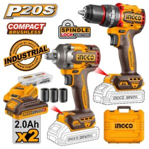 Ingco CKLI20275E Σετ Κρουστικό Δραπανοκατσάβιδο & Μπουλονόκλειδο Brushless 20V με 2 Μπαταρίες 2Ah και Θήκη
