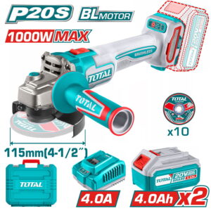 TOTAL ΕΠΑΓΓ. ΣΕΤ ΓΩΝΙΑΚΟΣ ΤΡΟΧΟΣ 115mm ΜΠΑΤ. Li-ion 20V / 4Ah / 2 ΜΠΑΤ BL Motor (TAGLI271532E)