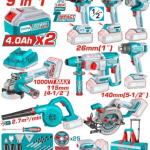 TOTAL ΕΠΑΓΓ. ΣΕΤ 9τεμ ΕΡΓΑΛΕΙΩΝ ΜΠΑΤ. Li-ion 20V / 4Ah / 2 ΜΠΑΤΑΡΙΕΣ BL Motor (TOSLI250381E)