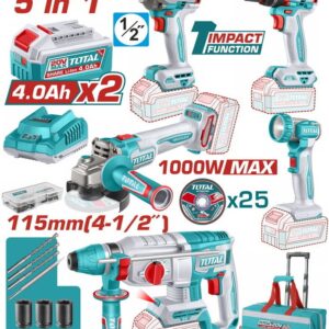 Total TCKLI20592E Σετ Γωνιακός Τροχός, Κρουστικό Δραπανοκατσάβιδο, Μπουλονόκλειδο, Πιστολέτο & Φακός Brushless 20V με 2 Μπαταρίες 4Ah και Θήκη