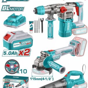 Total TOSLI240785E Σετ Γωνιακός Τροχός, Πιστολέτο & Σκουπάκι Brushless 20V με 2 Μπαταρίες 5Ah