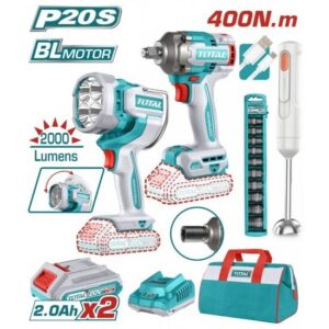 Total TOSLI240961E Σετ Μπουλονόκλειδο, Προβολέας & Μπλέντερ Brushless 20V με 2 Μπαταρίες 2Ah και Θήκη