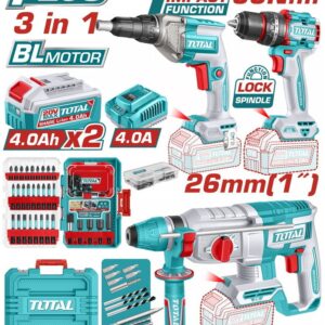 Total TOSLI250591E Σετ Δραπανοκατσάβιδο, Κατσαβίδι Γυψοσανίδας & Πιστολέτο Brushless 20V με 2 Μπαταρίες 4Ah και Θήκη