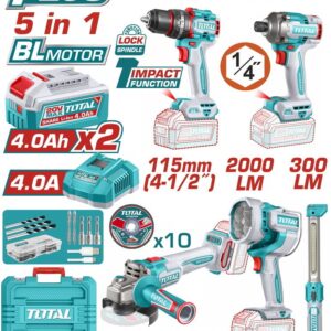 Total TOSLI250692E Σετ Γωνιακός Τροχός, Κρουστικό Δραπανοκατσάβιδο, Παλμικό Κατσαβίδι, Προβολέας & Φακός Brushless 20V με 2 Μπαταρίες 4Ah και Θήκη