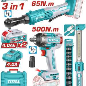Total TOSLI250981E Σετ Καστάνια, Λάμπα Συνεργείου & Μπουλονόκλειδο Brushless 20V με 2 Μπαταρίες 4Ah και Θήκη