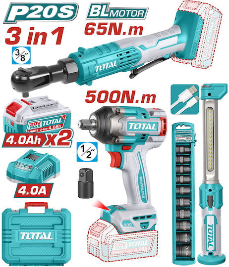Total TOSLI250981E Σετ Καστάνια, Λάμπα Συνεργείου & Μπουλονόκλειδο Brushless 20V με 2 Μπαταρίες 4Ah και Θήκη