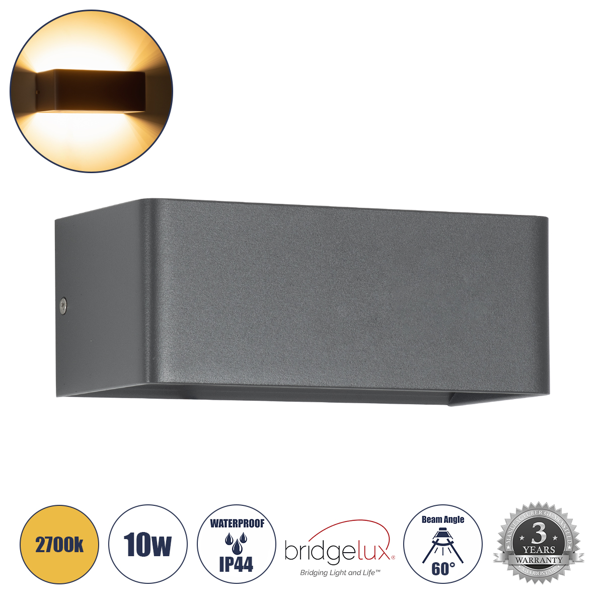 GLOBOSTAR® CIRCOA 60543 Μοντέρνο Φωτιστικό Τοίχου - Απλίκα LED 10W 1000lm 60° AC 220-240V IP44 Θερμό Λευκό 2700K - Bridgelux COB Chip & TÜV SÜD Driver - Γκρι Ανθρακί Ματ - Μ20 x Π8 x Υ10cm - 5 Χρόνια Εγγύηση - Image 2