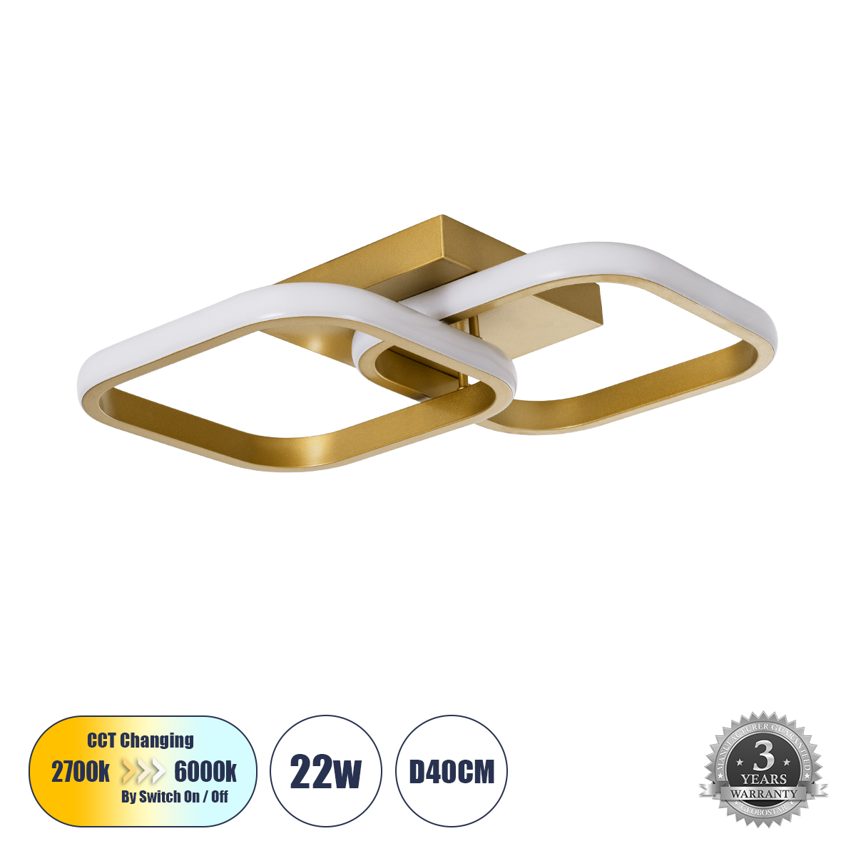 GLOBOSTAR® NORA 61063 Μοντέρνο Φωτιστικό Οροφής LED 22W 2640lm 300° AC 220-240V IP20 Ρυθμιζόμενο Λευκό CCT με On/Off 2700K/4500K/6000K - Lumileds SMD Chip - Σατινέ Χρυσό Βούρτσας - Μ40 x Π24 x Υ7cm - 3 Χρόνια Εγγύηση - Image 2