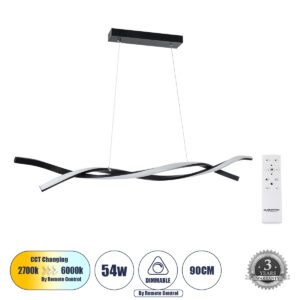 GLOBOSTAR® MORALES 61275 Μοντέρνο Κρεμαστό Φωτιστικό Οροφής LED 54W 6048lm 300° AC 220-240V IP20 Ρυθμιζόμενο Λευκό CCT με Χειριστήριο από 2700K έως 6000K Dimmable - Lumileds SMD Chip - Μαύρο Ματ - Μ90 x Π14 x Υ14cm - 3 Χρόνια Εγγύηση