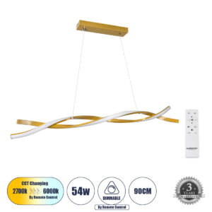 GLOBOSTAR® MORALES 61278 Μοντέρνο Κρεμαστό Φωτιστικό Οροφής LED 54W 6048lm 300° AC 220-240V IP20 Ρυθμιζόμενο Λευκό CCT με Χειριστήριο από 2700K έως 6000K Dimmable - Lumileds SMD Chip - Σατινέ Χρυσό Βούρτσας - Μ90 x Π14 x Υ14cm - 3 Χρόνια Εγγύηση