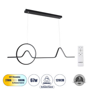 GLOBOSTAR® WINDY 61292 Μοντέρνο Κρεμαστό Φωτιστικό Οροφής LED 67W 7504lm 300° AC 220-240V IP20 Ρυθμιζόμενο Λευκό CCT με Χειριστήριο από 2700K έως 6000K Dimmable - Lumileds SMD Chip - Μαύρο Ματ - Μ120 x Π4 x Υ30cm - 3 Χρόνια Εγγύηση