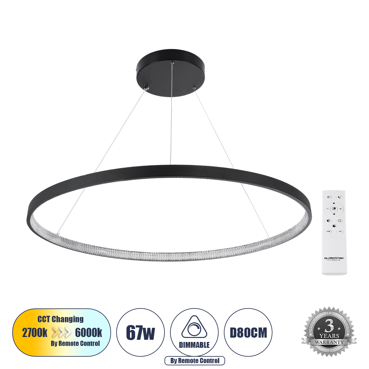 GLOBOSTAR® DIAMOND 61520 Μοντέρνο Κρεμαστό Φωτιστικό Οροφής LED 67W 7504lm 360° AC 220-240V IP20 Ρυθμιζόμενο Λευκό CCT με Χειριστήριο από 2700K έως 6000K Dimmable - Lumileds SMD Chip - Μαύρο Ματ - Μ80 x Π80 x Υ110cm - 3 Χρόνια Εγγύηση - Image 2