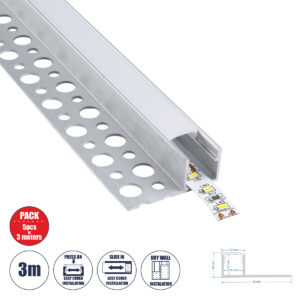 GLOBOSTAR® ALP-PLASTERIN GYPSO 70834-3M Χωνευτό Τερματικό Προφίλ Αλουμινίου Ειδικό για Γυψοσανίδα με Λευκό Γαλακτερό Πατητό Κάλυμμα για Ταινίες LED IP20 - Ασημί & Λευκό - Μ300 x Π3.3 x Υ1.5cm - Πακέτο 5 Τεμαχίων