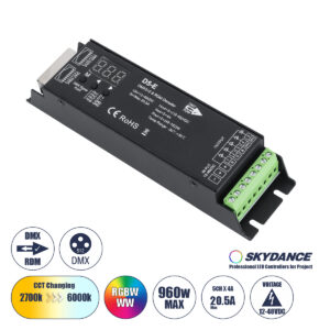 GLOBOSTAR® SKYDANCE-D5-E 73148 DC DMX Master Dimmer / Controller / Decoder Υψηλής Ταχύτητας με 5 x 4A 192W Κανάλια DC 12-48V 20.5A 960W Max IP20 - DMX512 & RDM - Μ17.5 x Π4.5 x Υ3.3cm - 5 Χρόνια Εγγύηση