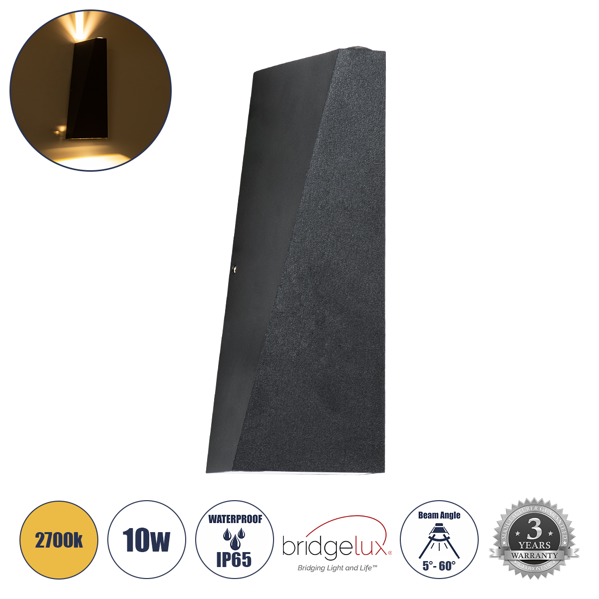 GLOBOSTAR® TRIANDE 60553 Μοντέρνο Φωτιστικό Τοίχου - Απλίκα LED 10W 1000lm 5°/60° AC 220-240V Αδιάβροχο IP65 Θερμό Λευκό 2700K - Bridgelux COB Chip & TÜV SÜD Driver - Μαύρο Ματ - Μ8.5 x Π8.5 x Υ20cm - 5 Χρόνια Εγγύηση - Image 2
