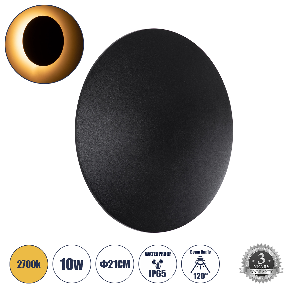 GLOBOSTAR® HELIO-R 60660 Μοντέρνο Φωτιστικό Τοίχου - Απλίκα LED 10W 1000lm 120° AC 220-240V Αδιάβροχο IP65 Θερμό Λευκό 2700K - Lumileds SMD Chip & TÜV SÜD Driver - Μαύρο Ματ - Μ21 x Π21 x Υ5cm - 5 Χρόνια Εγγύηση - Image 2