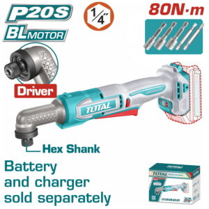 TOTAL ΕΠΑΓΓ. ΠΑΛΜΙΚΟ ΓΩΝΙΑΚΟ ΚΑΤΣΑΒΙΔΙ 1/4"/ 80Nm HEX ΜΠΑΤ Li-ion 20V SOLO BL Motor (TAIRLI2081)