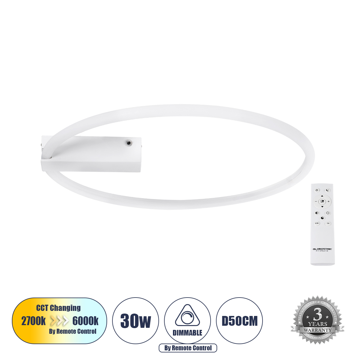 GLOBOSTAR® CINDERELLA 60981 Μοντέρνο Φωτιστικό Οροφής LED 30W 3360lm 360° AC 220-240V IP20 Ρυθμιζόμενο Λευκό CCT με Χειριστήριο από 2700K έως 6000K Dimmable - Lumileds SMD Chip - Λευκό Ματ - Μ50 x Π50 x Υ5cm - 3 Χρόνια Εγγύηση