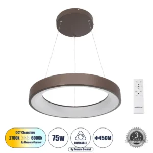 GLOBOSTAR® SALEM 61244 Μοντέρνο Κρεμαστό Φωτιστικό Οροφής LED 75W 8625lm 120° AC 220-240V IP20 Ρυθμιζόμενο Λευκό CCT με Χειριστήριο από 2700K έως 6000K Dimmable - Lumileds SMD Chip - Καφέ Ματ - Μ45 x Π45 x Υ6cm - 3 Χρόνια Εγγύηση