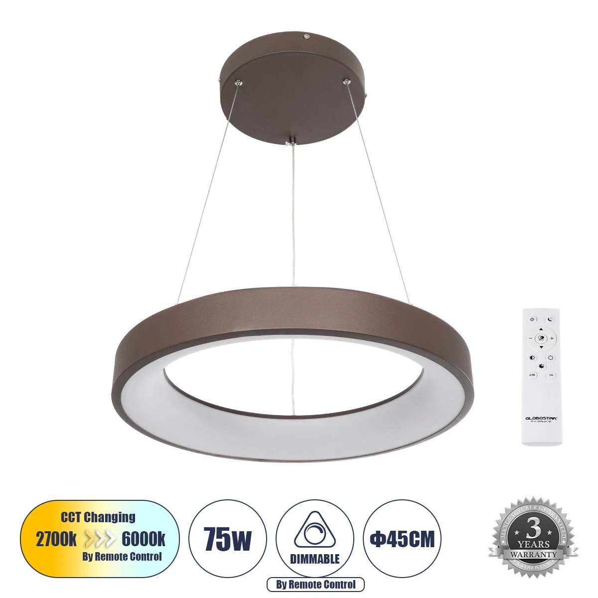 GLOBOSTAR® SALEM 61244 Μοντέρνο Κρεμαστό Φωτιστικό Οροφής LED 75W 8625lm 120° AC 220-240V IP20 Ρυθμιζόμενο Λευκό CCT με Χειριστήριο από 2700K έως 6000K Dimmable - Lumileds SMD Chip - Καφέ Ματ - Μ45 x Π45 x Υ6cm - 3 Χρόνια Εγγύηση